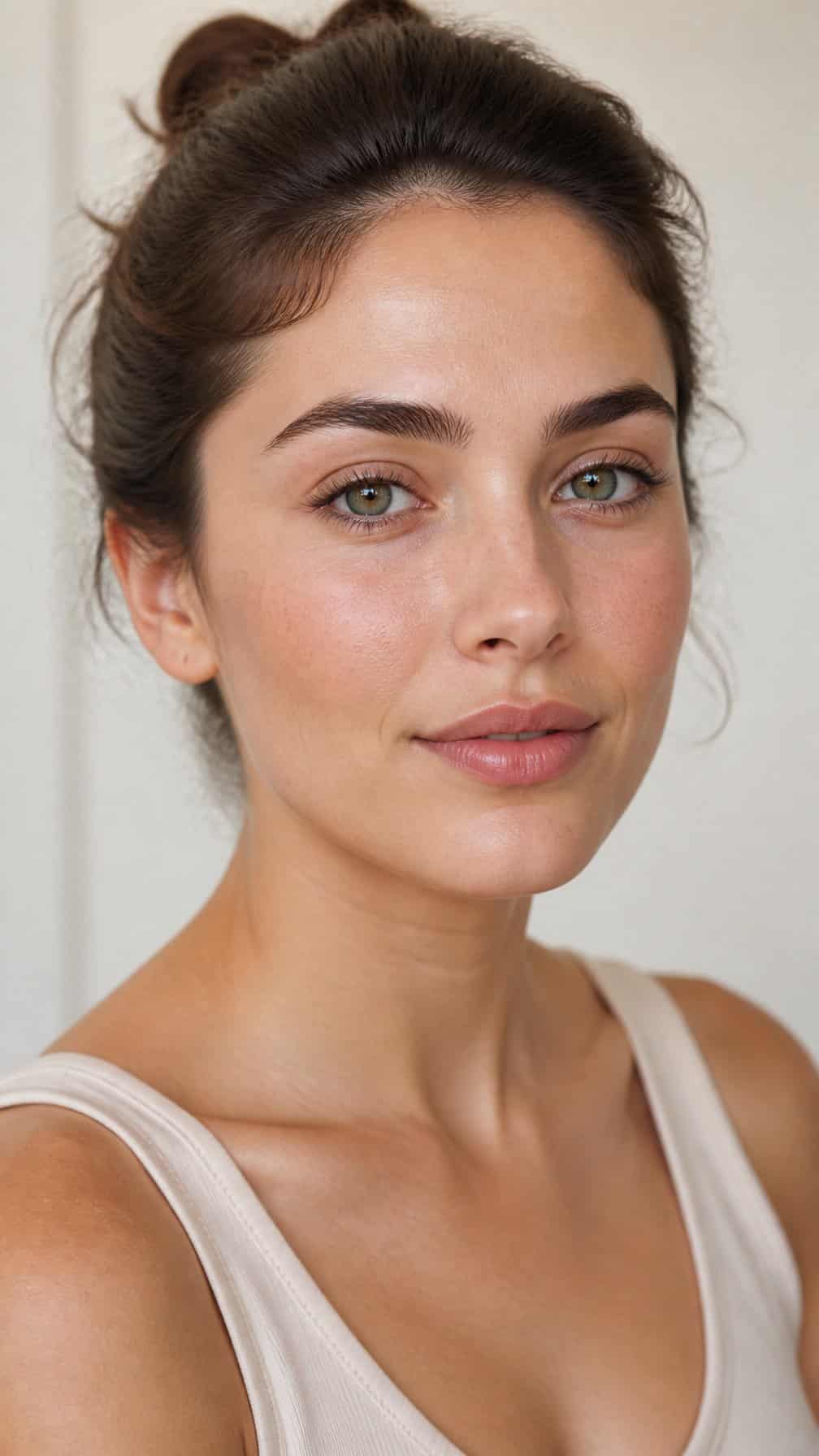Woman wearing subtle makeup with neatly brushed-up eyebrows.