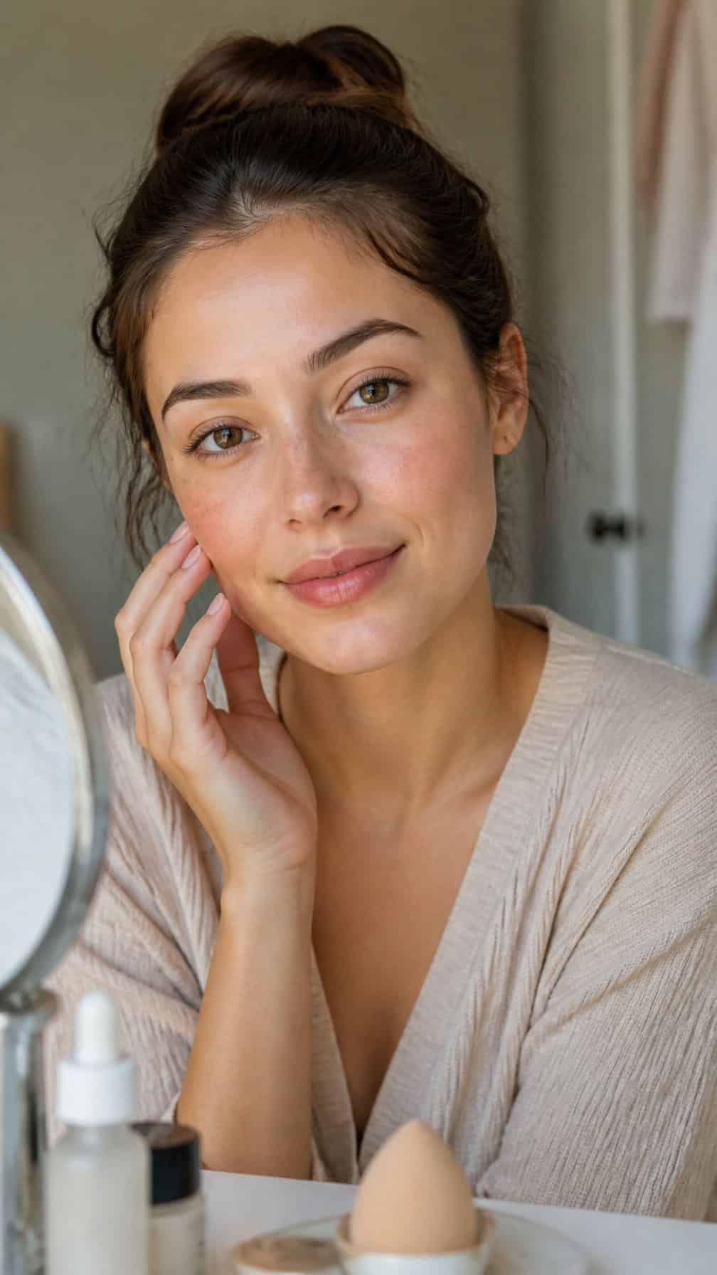 Woman wearing a natural makeup look in soft morning light at a vanity.