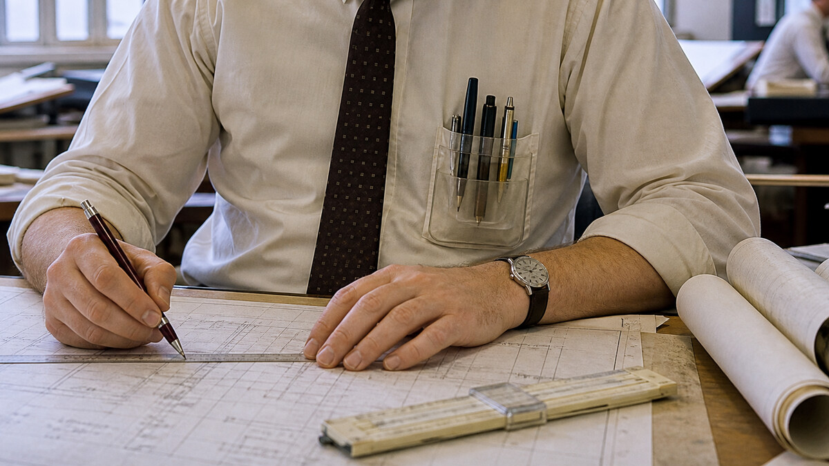 Engineering student wearing a clear pocket protector while working at a 1960s drafting table