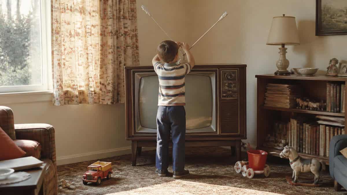 Child adjusting foil-tipped rabbit-ear antennas on a television in a 1960s family room