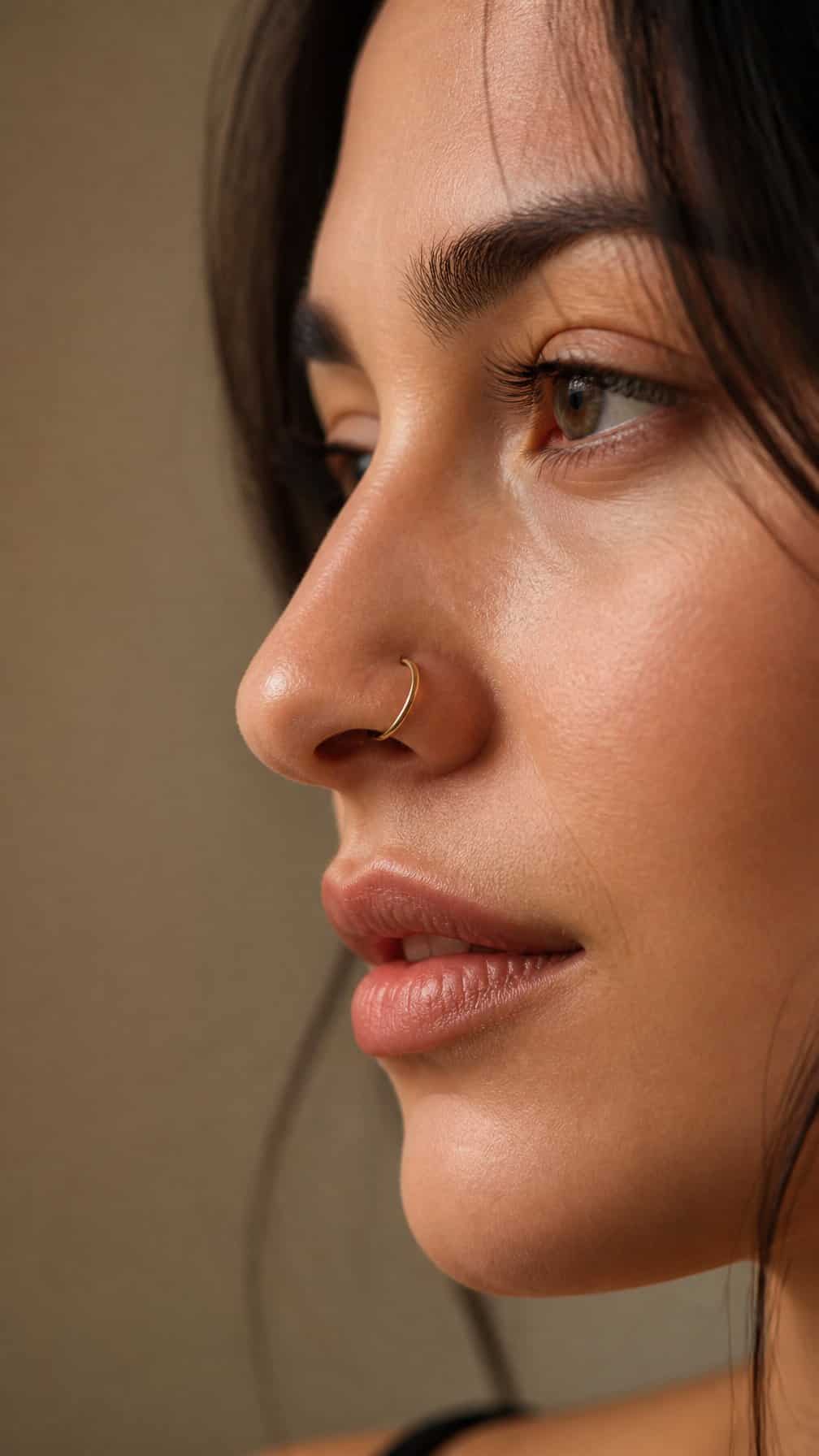 Close-up side profile of a person wearing a seamless polished gold hoop in one nostril.