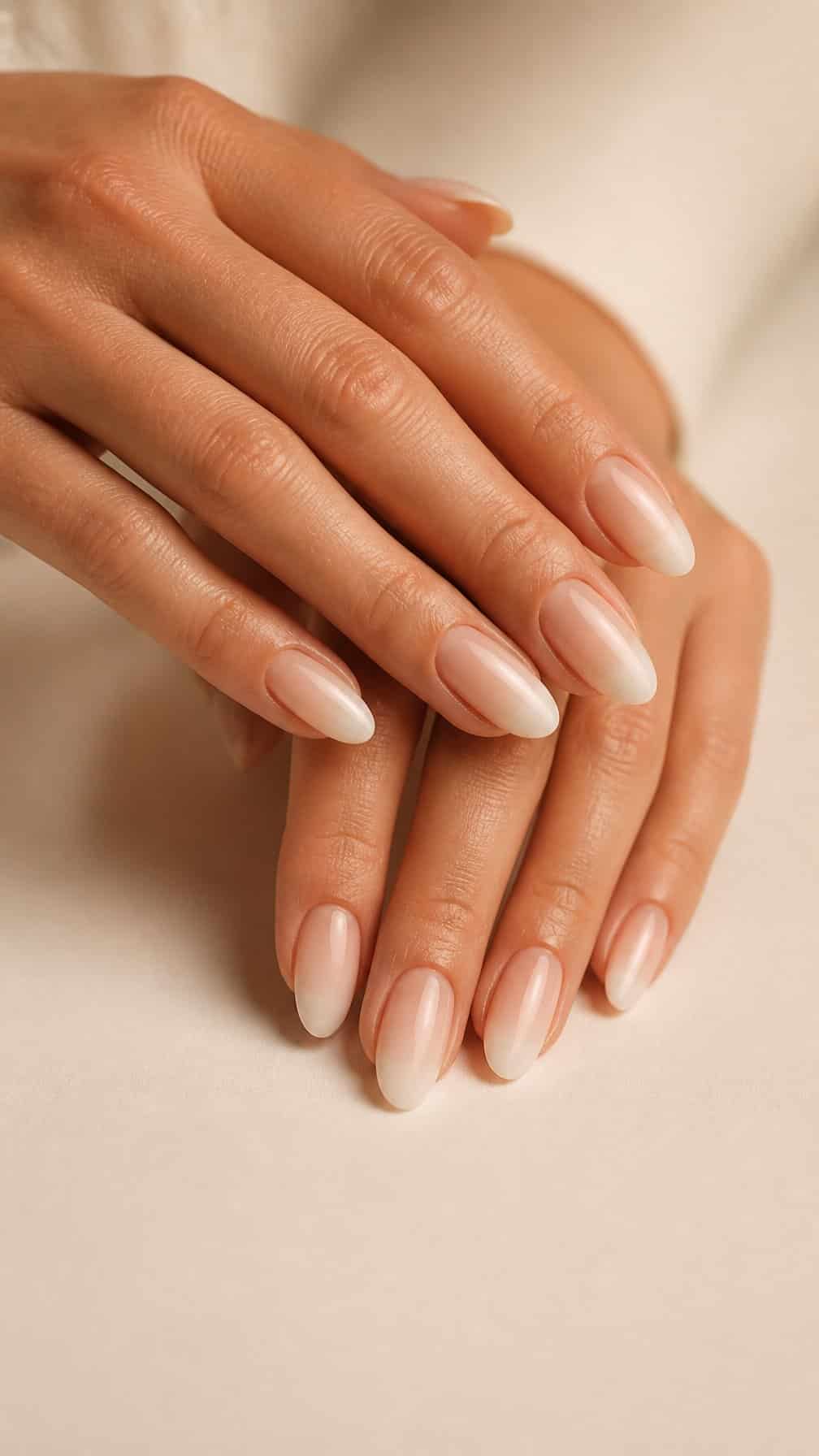 Close-up of hands with almond-shaped nails fading from nude beige to soft white.