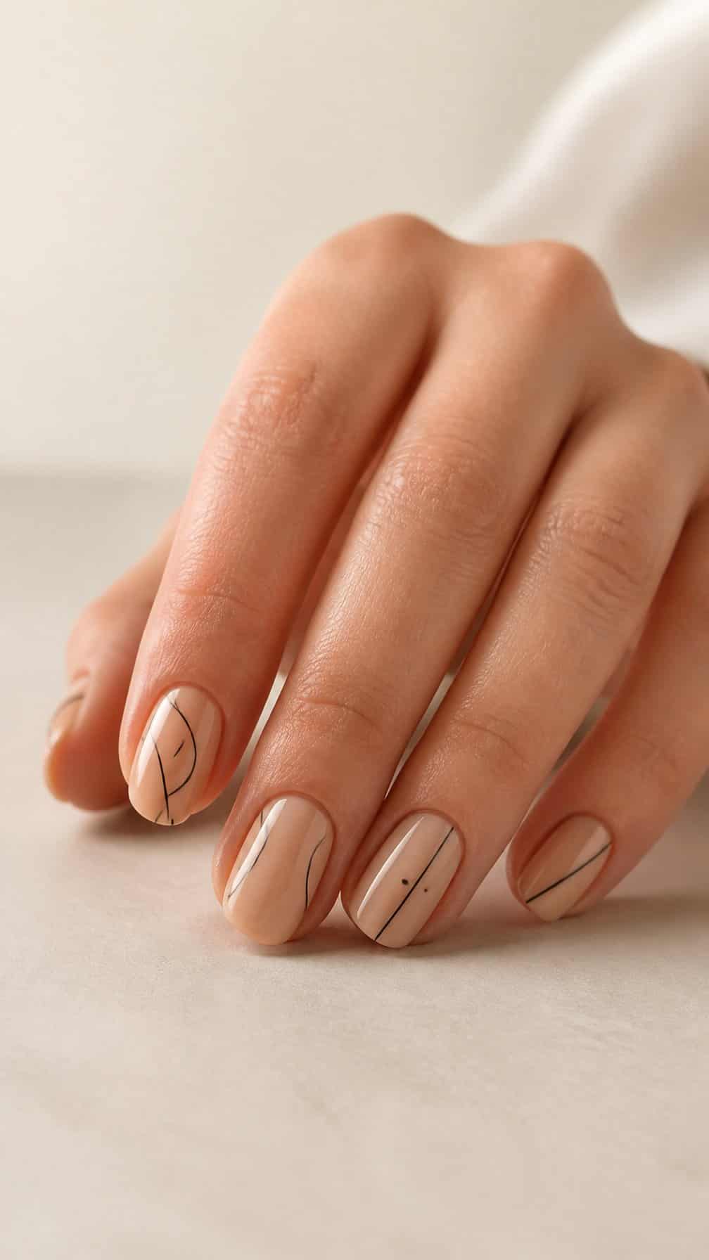 A hand with nude-colored nails decorated with thin minimalist black lines.