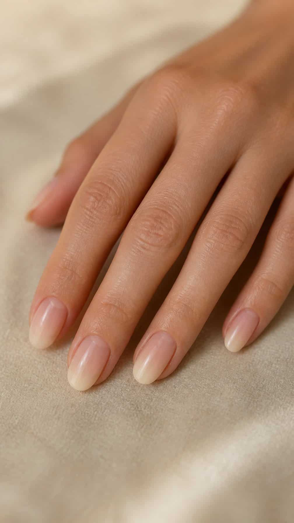 A hand with short nude ombré nails resting on a neutral surface.