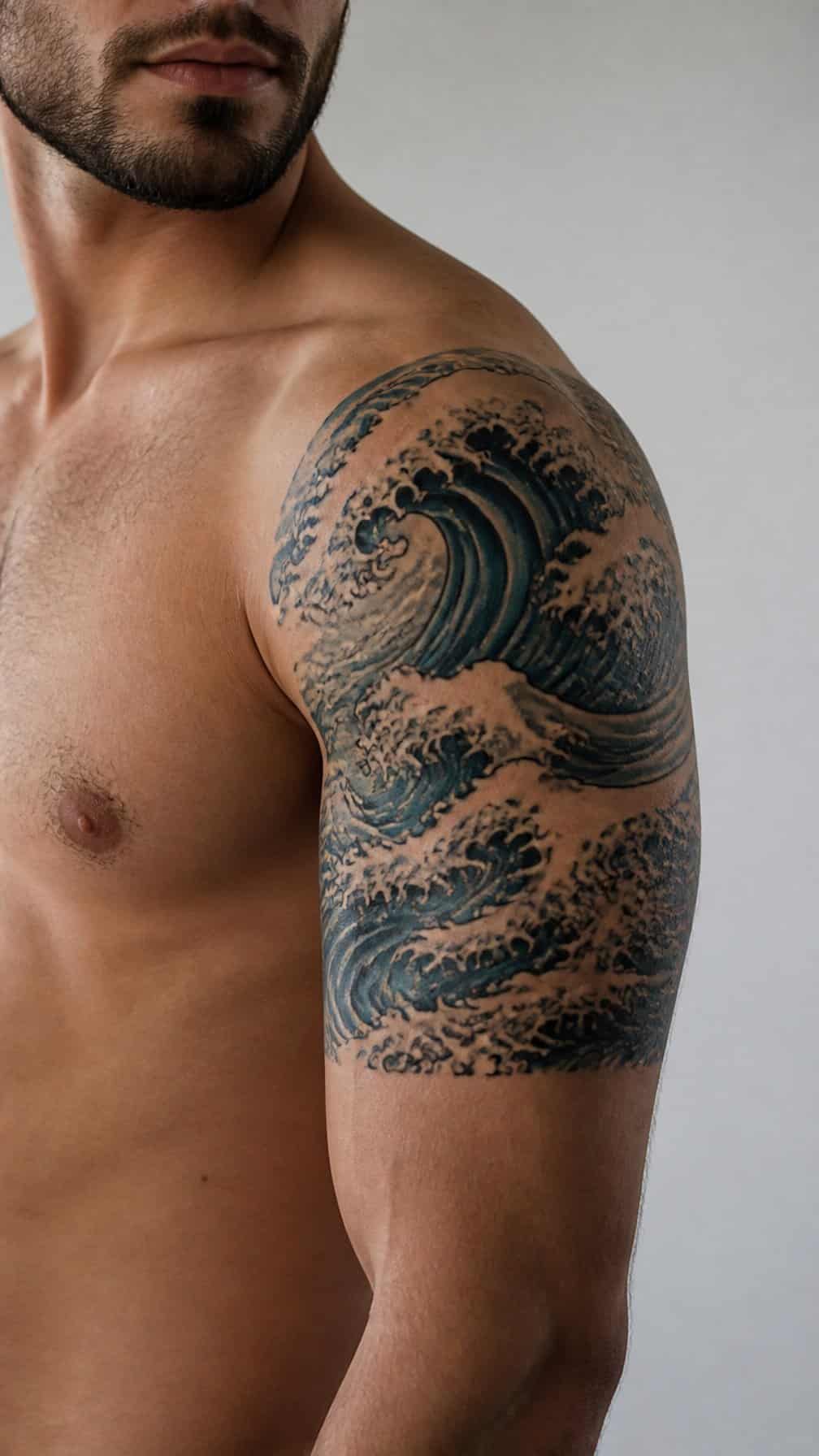 A person displays an ocean wave tattoo wrapping around the shoulder and upper arm.