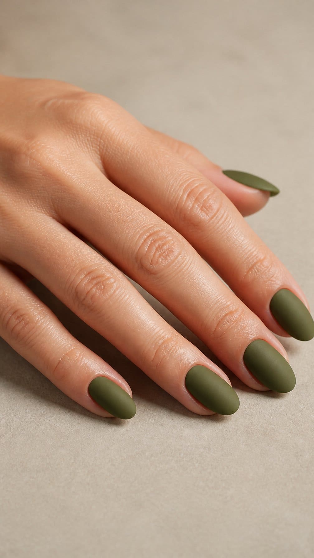 A relaxed adult hand displaying olive green matte almond-shaped nails.