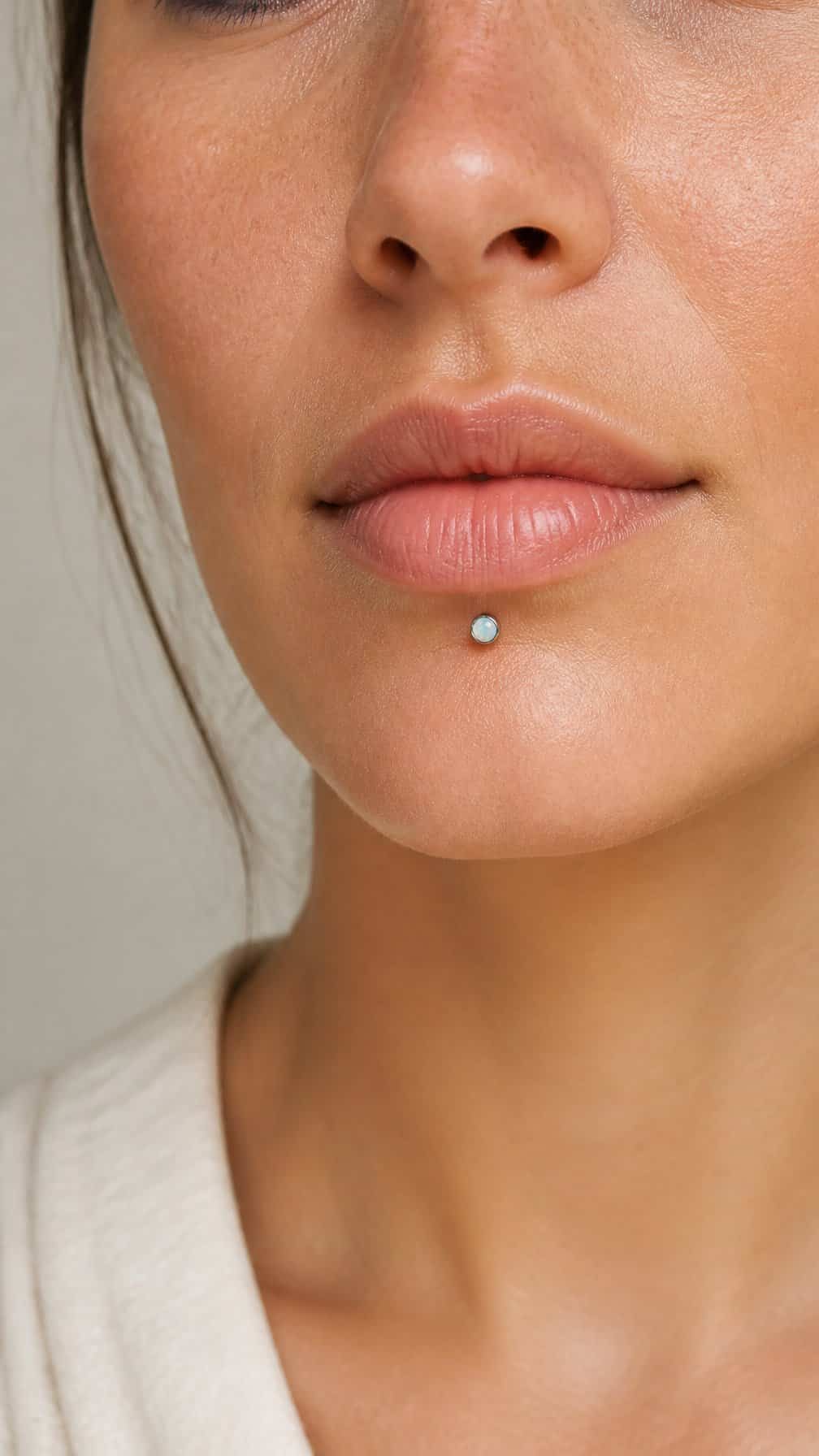 Close-up of a person wearing a small opal stud below the lower lip.
