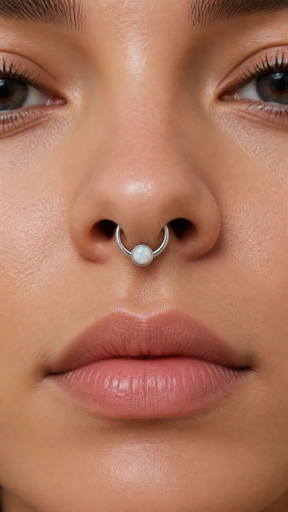 Close-up of a person wearing a luminous opal septum clicker.