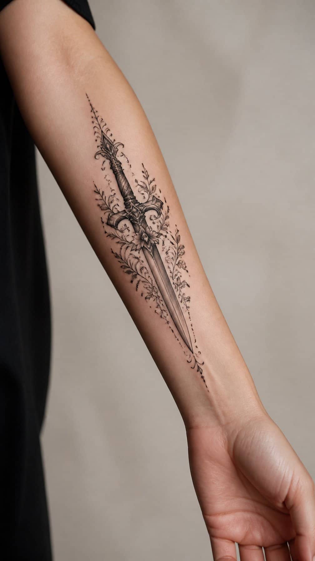 A woman's forearm with an ornamental dagger tattoo against a neutral background.