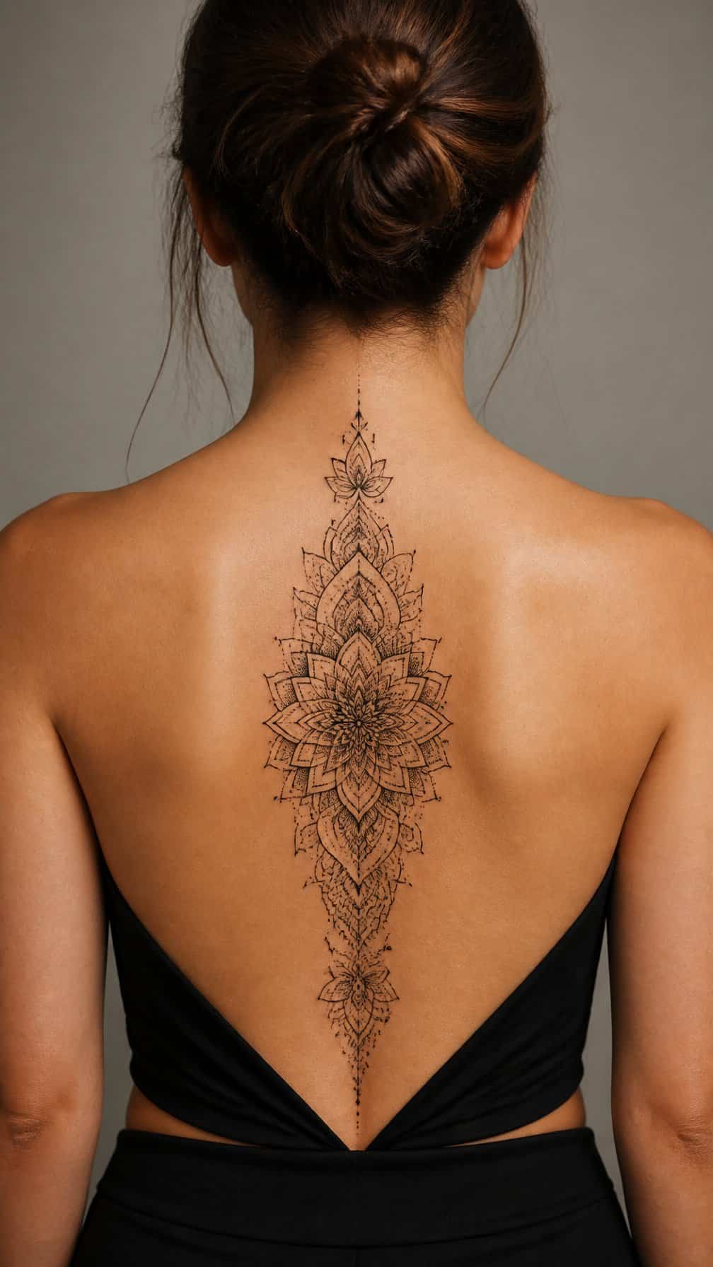 A woman’s back with an ornate symmetrical mandala tattoo running along the spine.