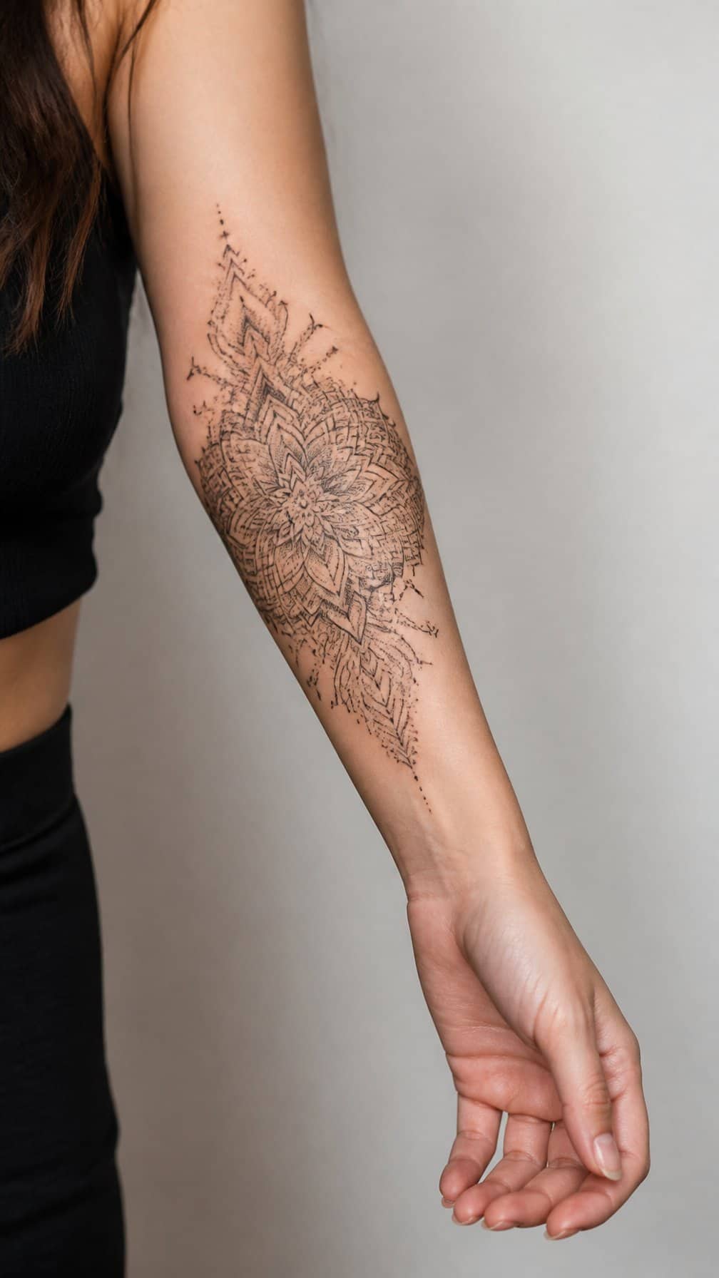 Close-up of a woman’s forearm displaying an intricate ornamental mandala tattoo.