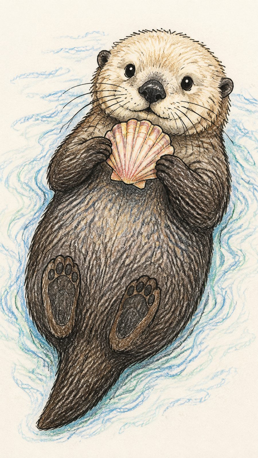A hand-drawn artwork of otter holding a shell.