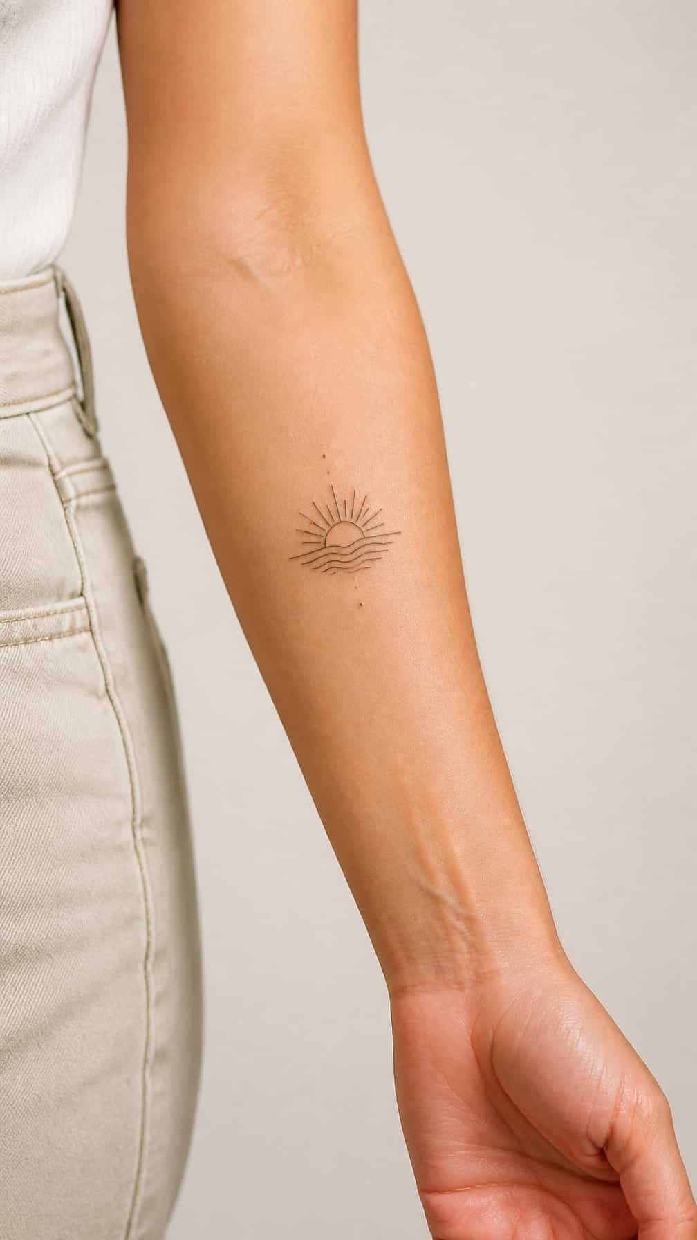 An adult’s outer forearm with a small minimalist tattoo design visible against a neutral background.