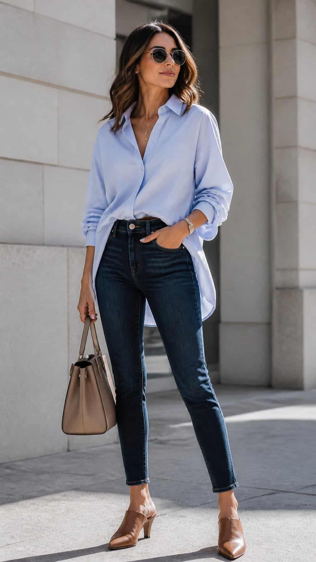 Woman wearing an oversized shirt, fitted jeans, and leather mule shoes in an urban setting.