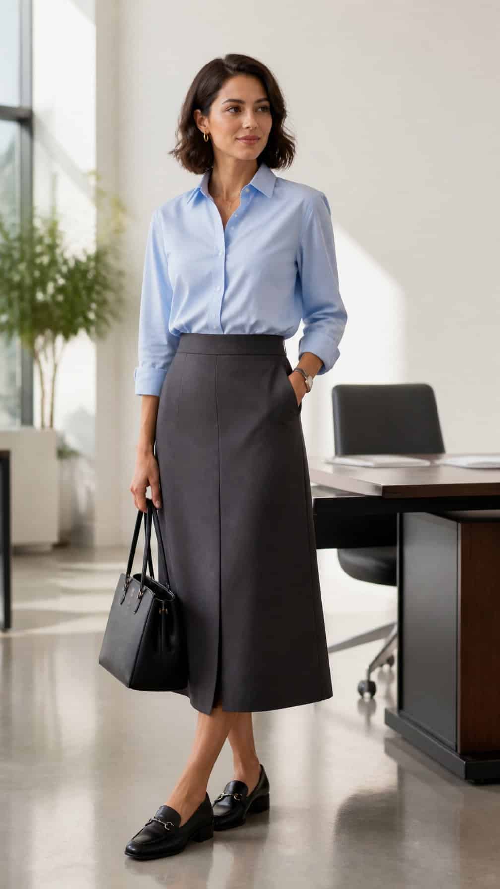 A professional woman in an Oxford shirt and midi skirt standing in a bright office.