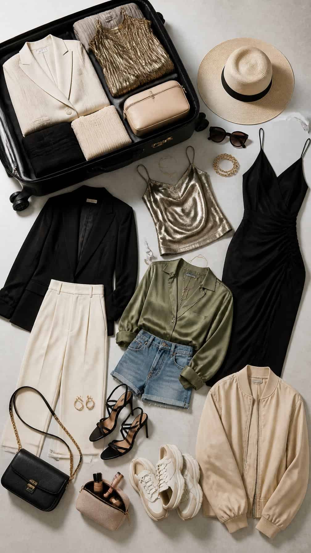 A suitcase surrounded by stylish clothing, shoes, accessories, and travel essentials.