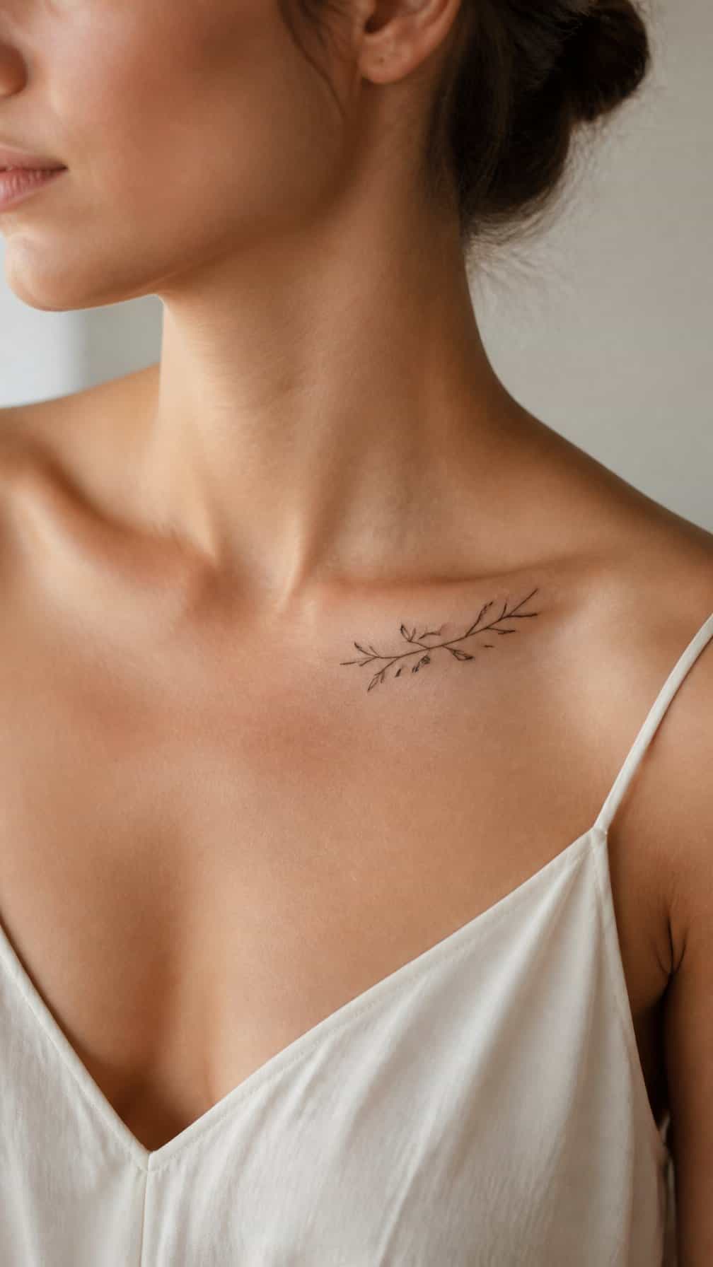 Close-up of an adult with a small healed tattoo beneath the collarbone.