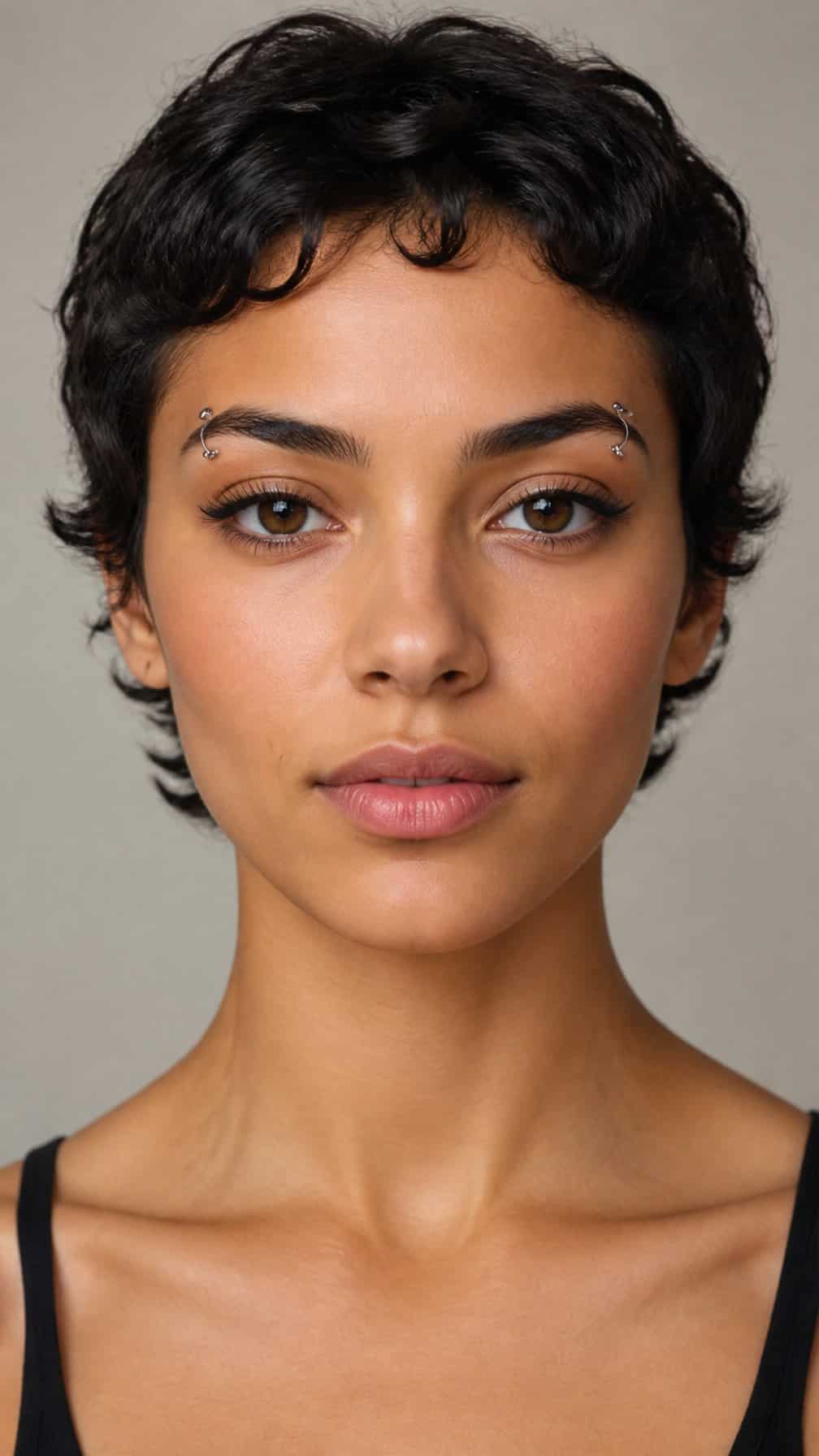 Close-up portrait of an adult with matching eyebrow piercings on both eyebrows.