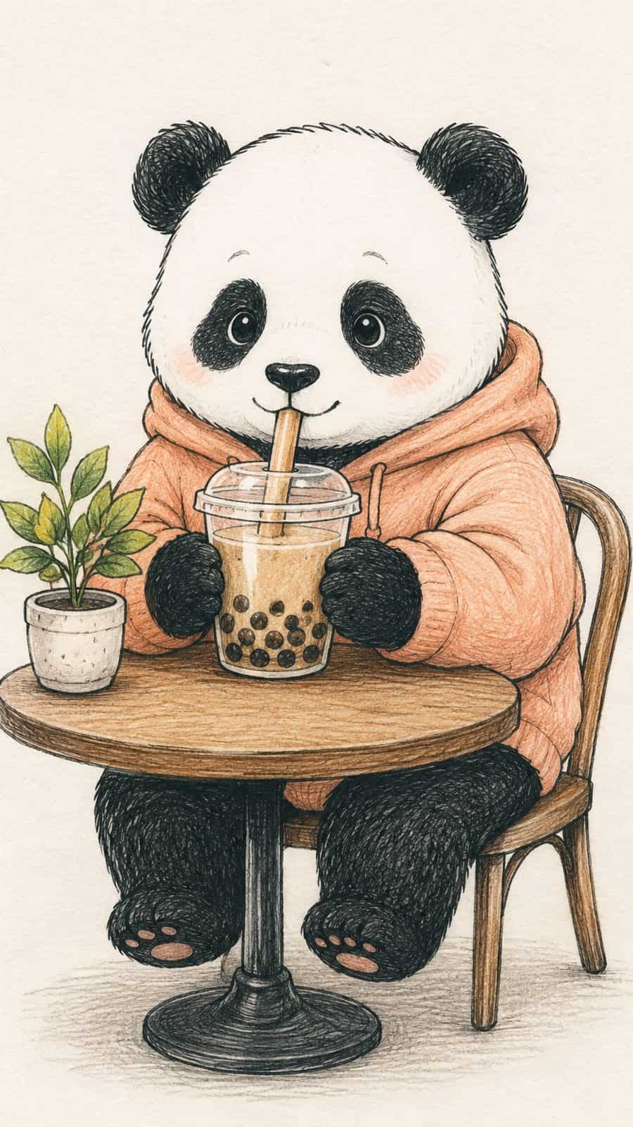 A hand-drawn artwork of panda drinking bubble tea.