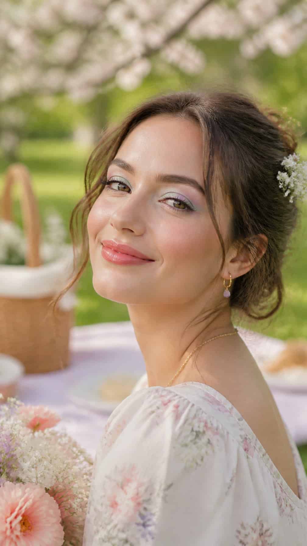 A woman wearing soft pastel makeup sits at a spring picnic in a sunny garden.