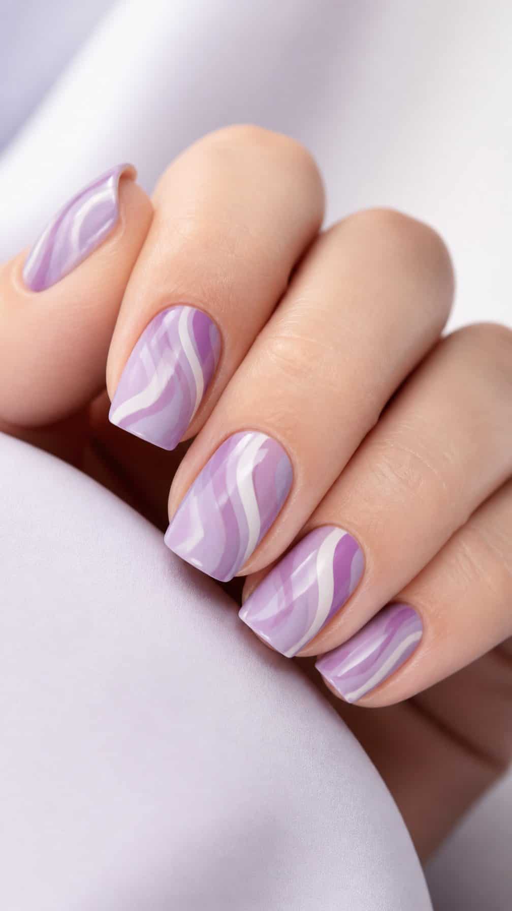 A hand with pastel purple swirl designs on neatly manicured nails.