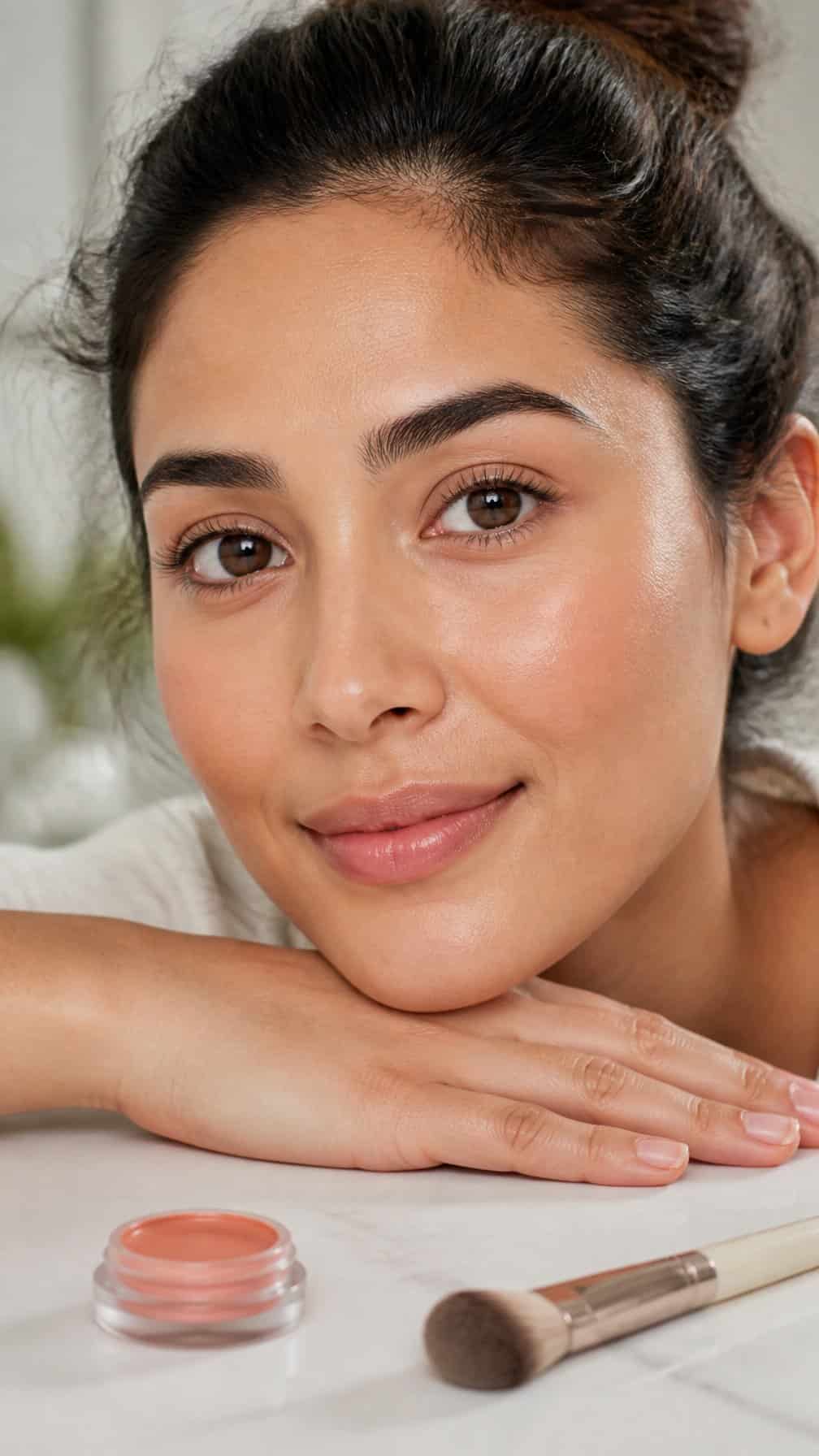 Woman with peach corrector softly blended beneath her eyes beside a small makeup product and brush.