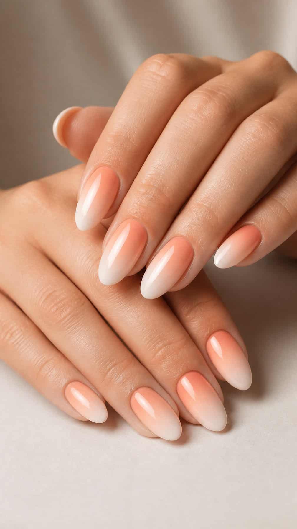 Close-up of hands with glossy peach-to-cream ombre almond-shaped nails.