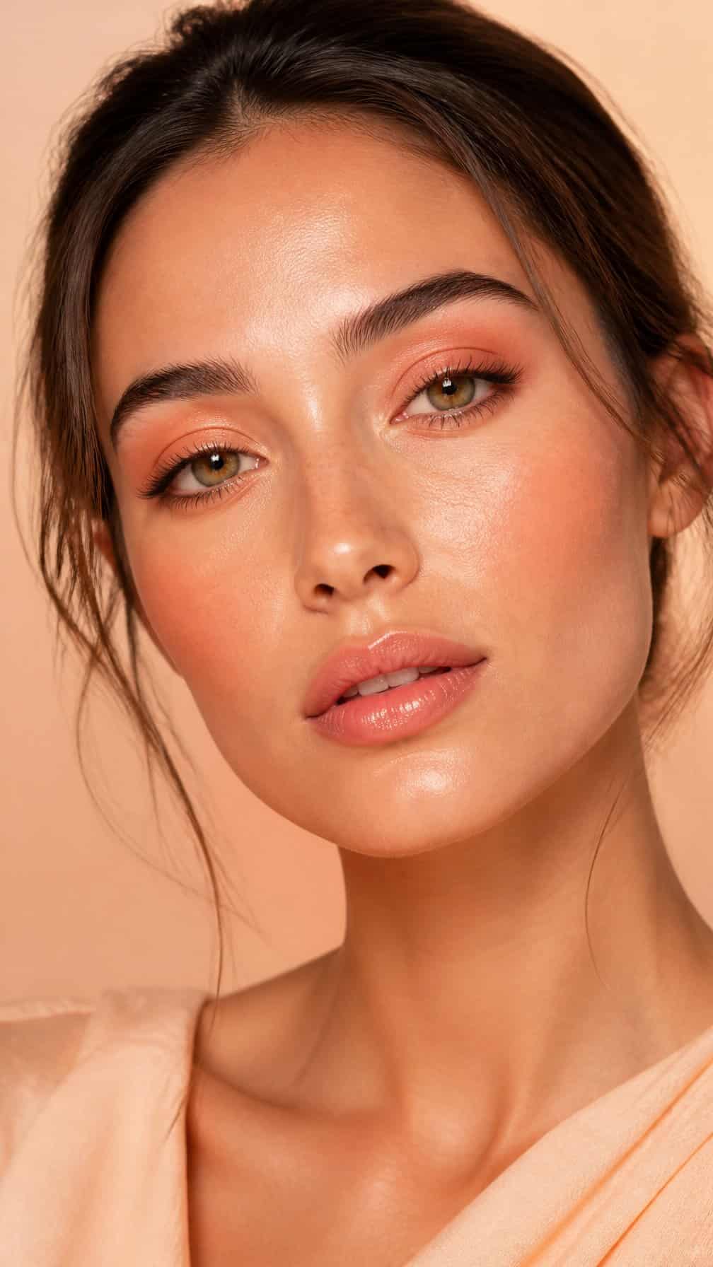 Close-up portrait of a woman wearing soft peach-toned eye makeup, blush, and glossy lipstick.