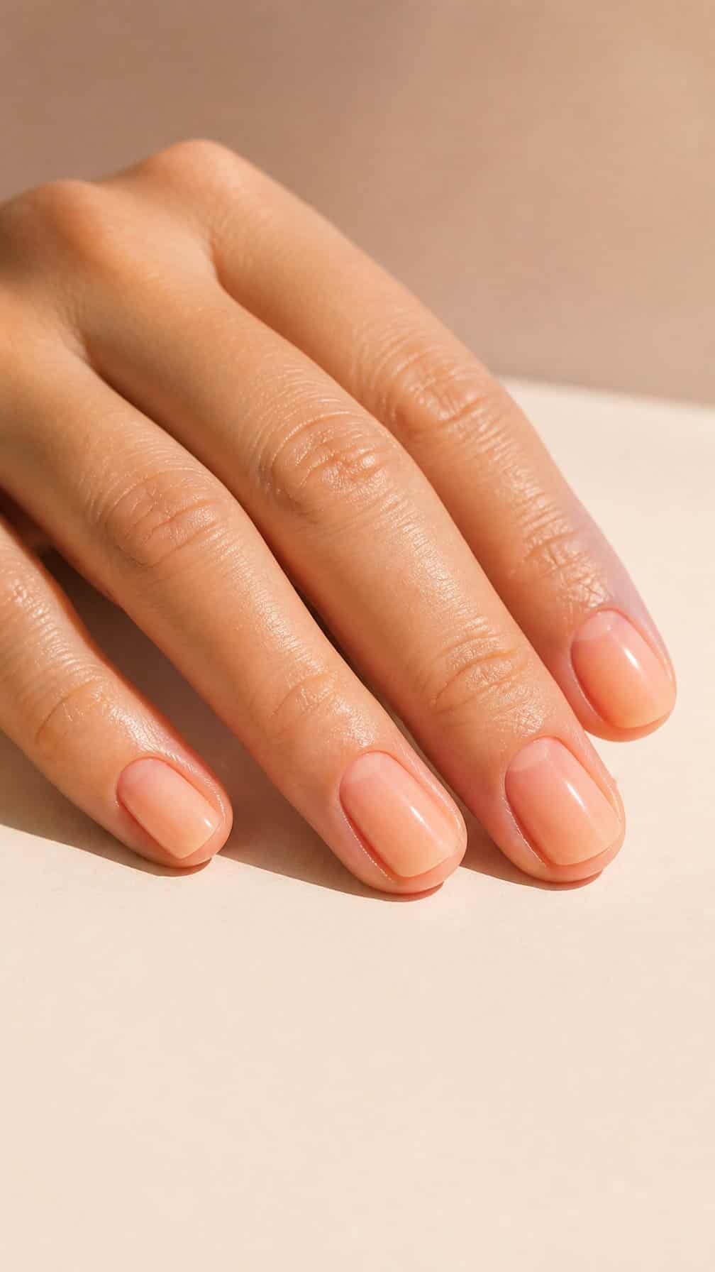 A well-groomed hand with short nails painted in a translucent peach polish rests on a light surface.