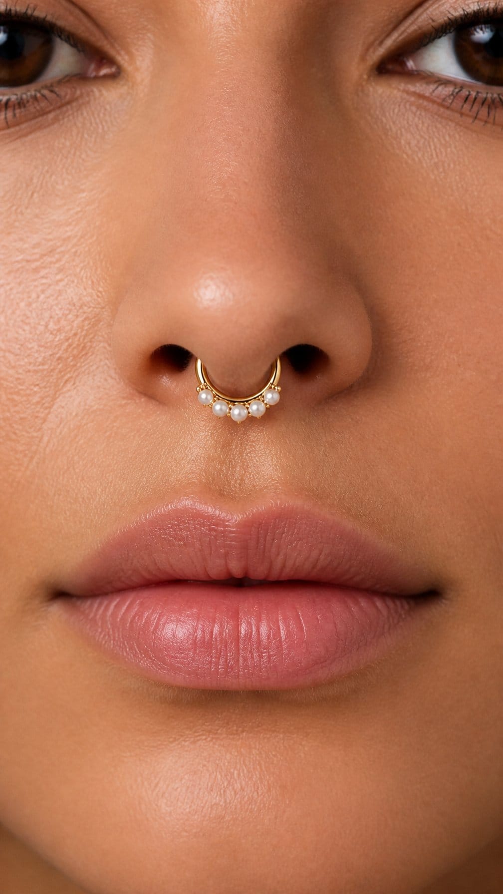 Close-up of a person wearing a septum ring decorated with small white pearls.