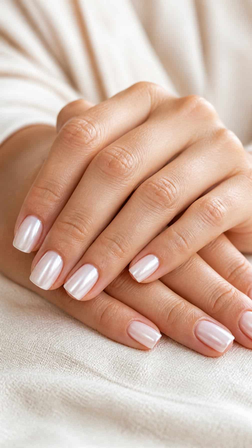 Close-up of hands with glossy pearl-white manicured nails resting on a neutral surface.