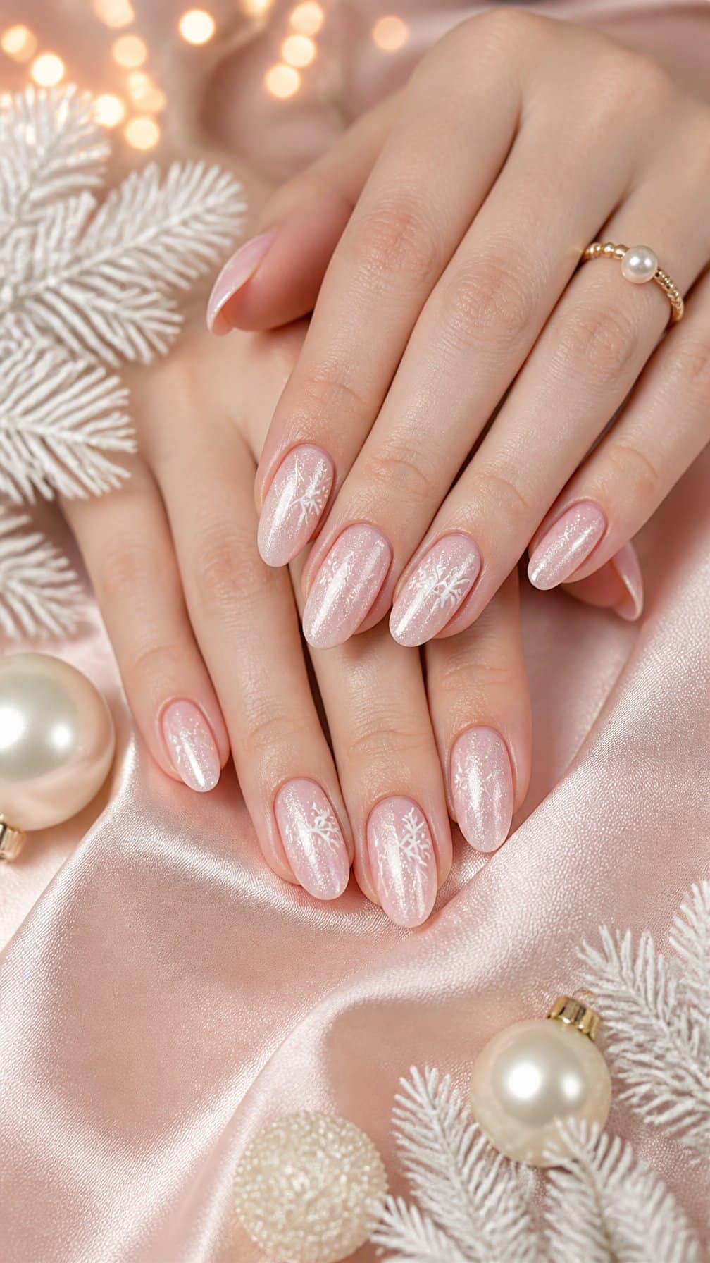 Close-up of hands with pearl pink Christmas nail art resting beside delicate holiday decorations.