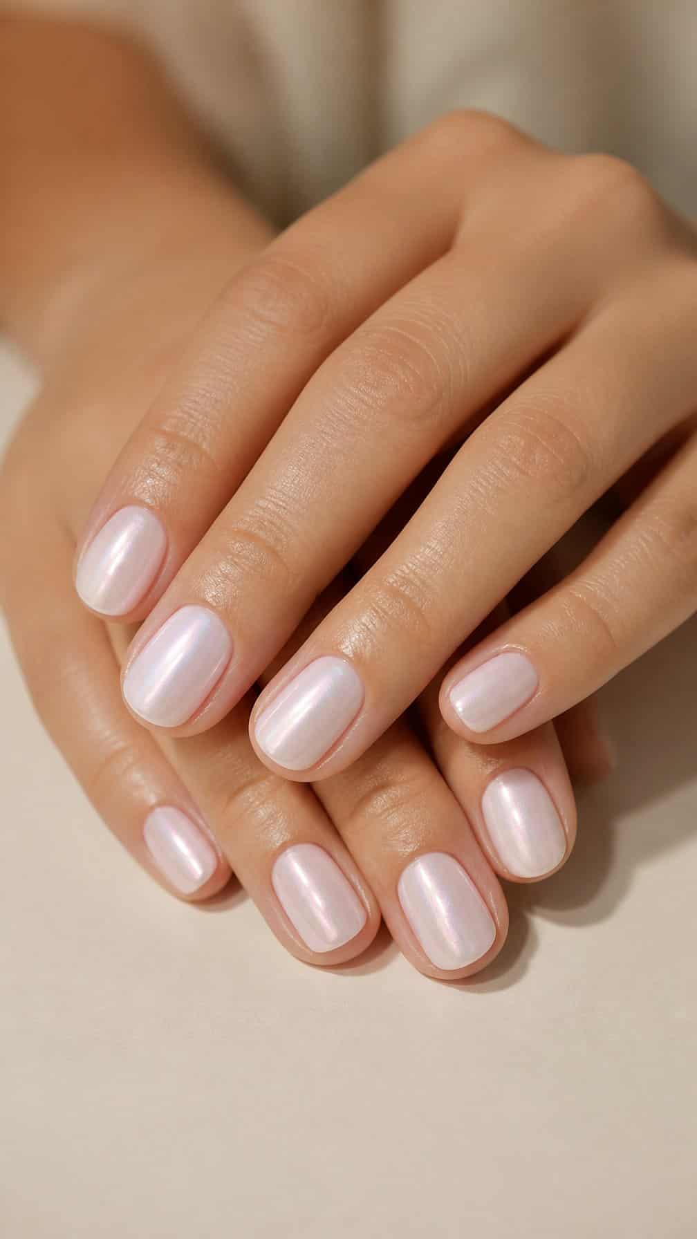 A close-up of a hand with short pearly white manicured nails resting on a light surface.