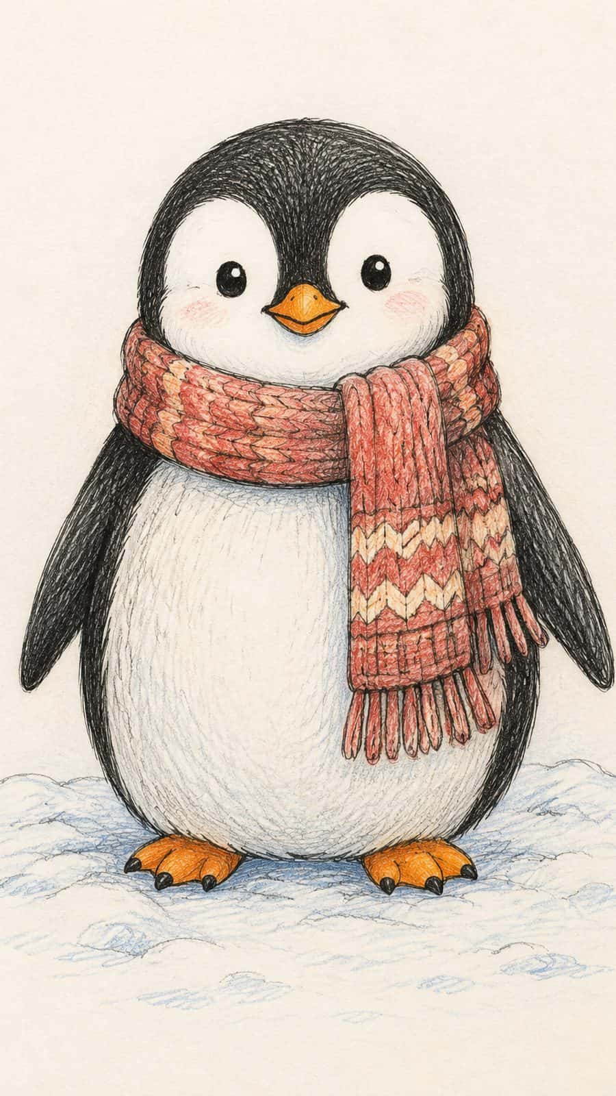 A hand-drawn artwork of penguin wearing a scarf.