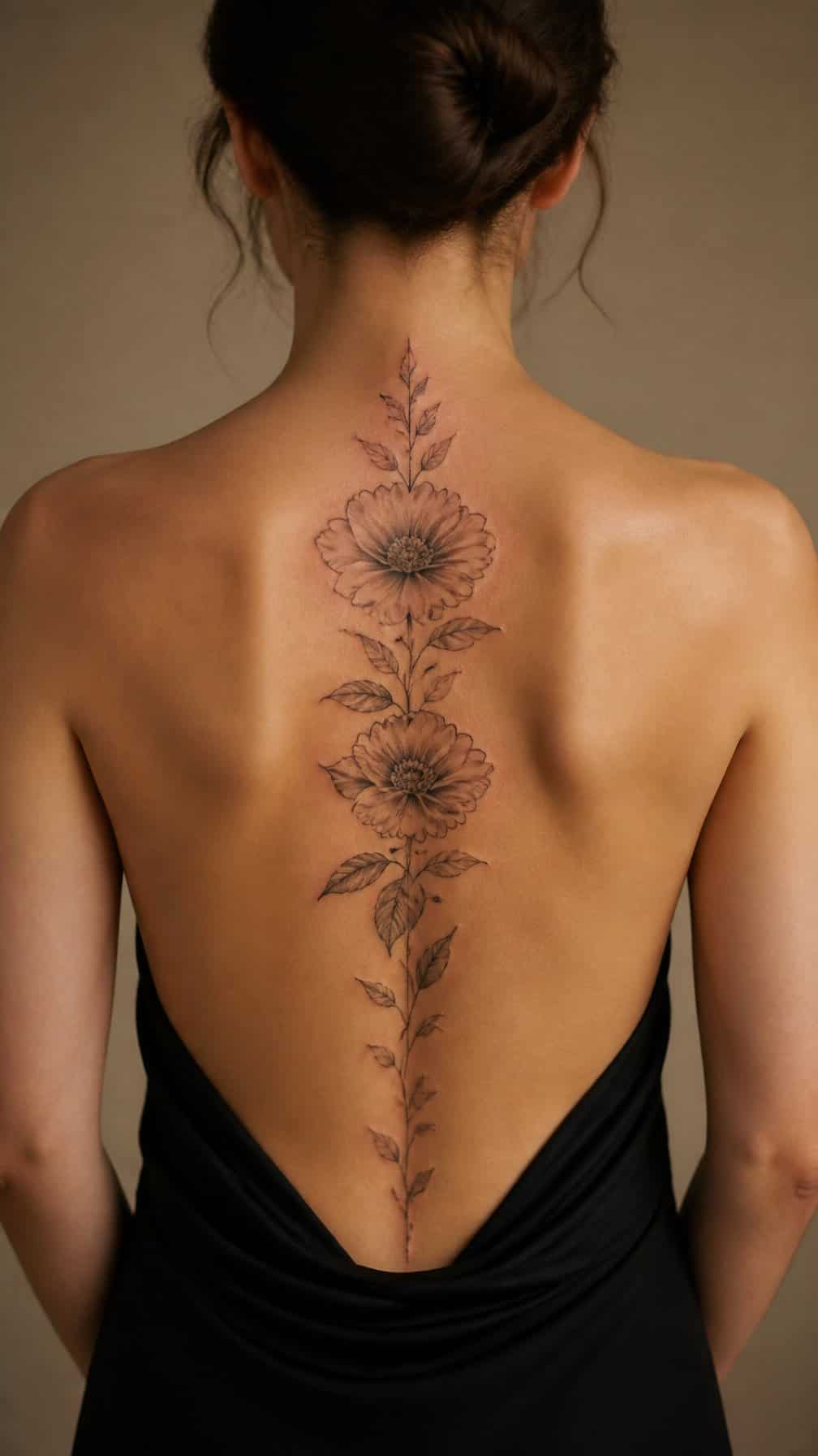 A woman viewed from behind with a vertical peony flower tattoo along her spine.