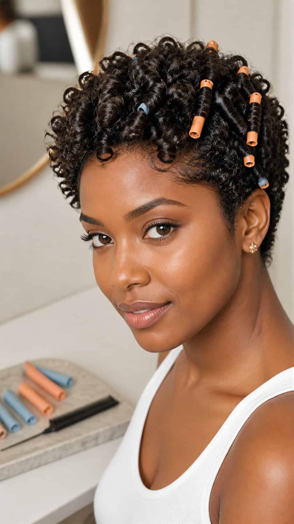 A woman with short natural hair styled in small, defined curls created with perm rods.