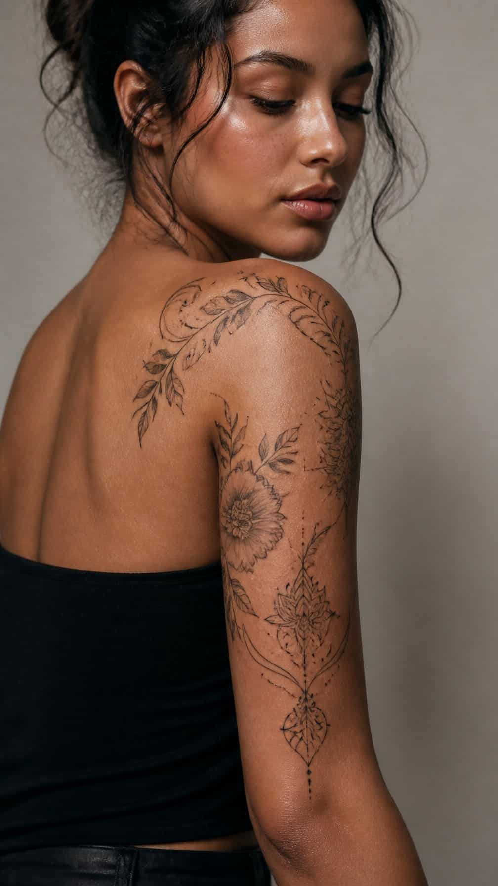 A person displays decorative tattoos wrapping from the shoulder down the upper arm.