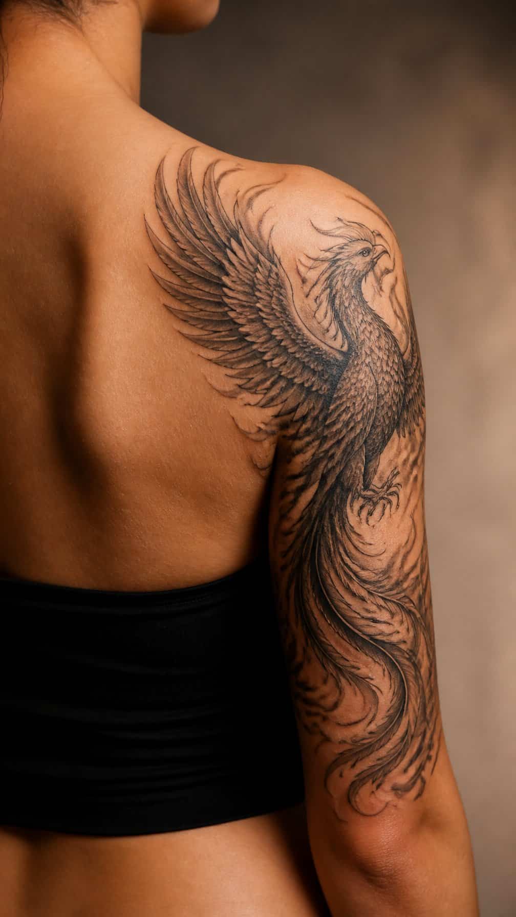 A phoenix tattoo extends from a person’s shoulder down the upper arm.
