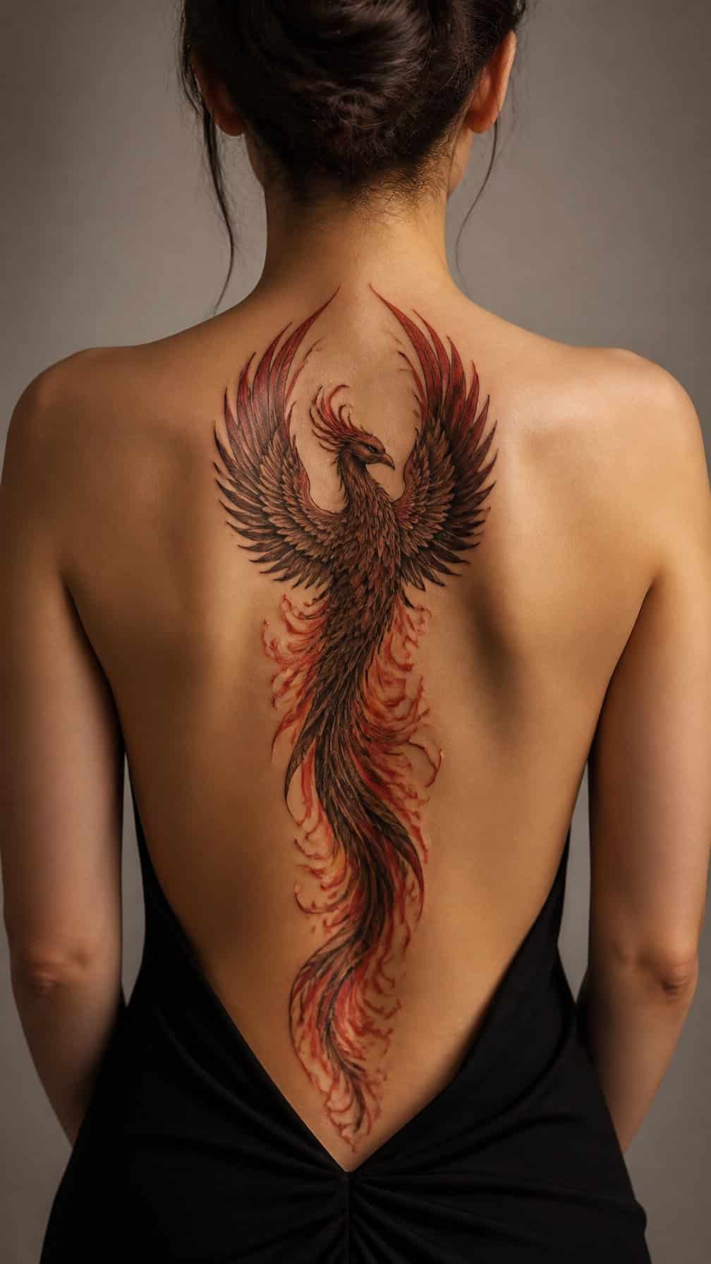 A phoenix tattoo extends vertically along a person’s spine from the lower back to the shoulder blades.