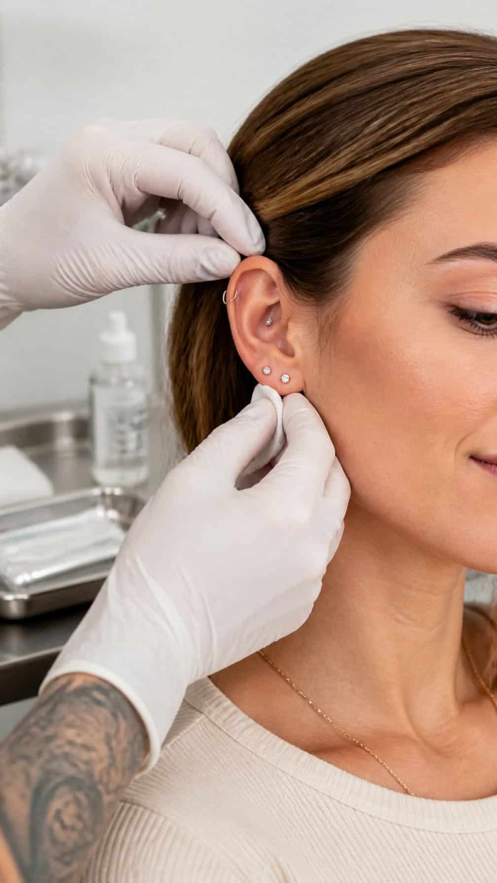 A gloved piercer gently cleans a client’s ear with multiple healed piercings in a clean studio.