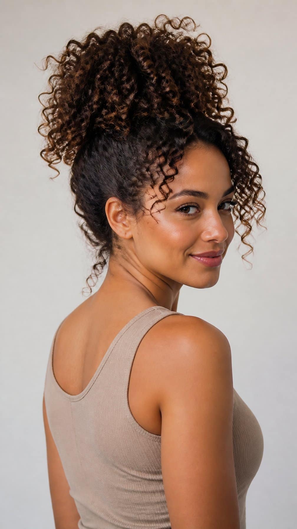 Woman with long curly hair gathered into a high pineapple updo.