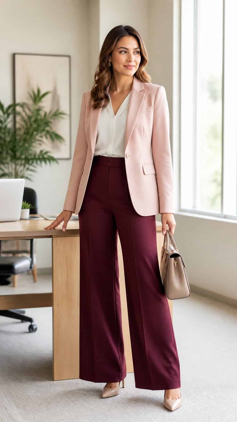 A woman in a pink blazer and burgundy wide-leg pants standing in a bright modern office.