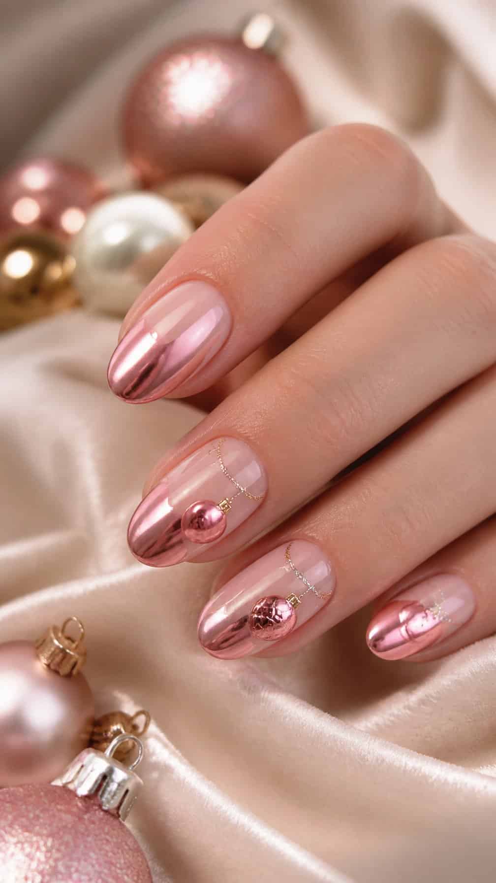 A hand with glossy pink chrome nails decorated with delicate Christmas ornament designs rests beside pastel holiday ornaments.