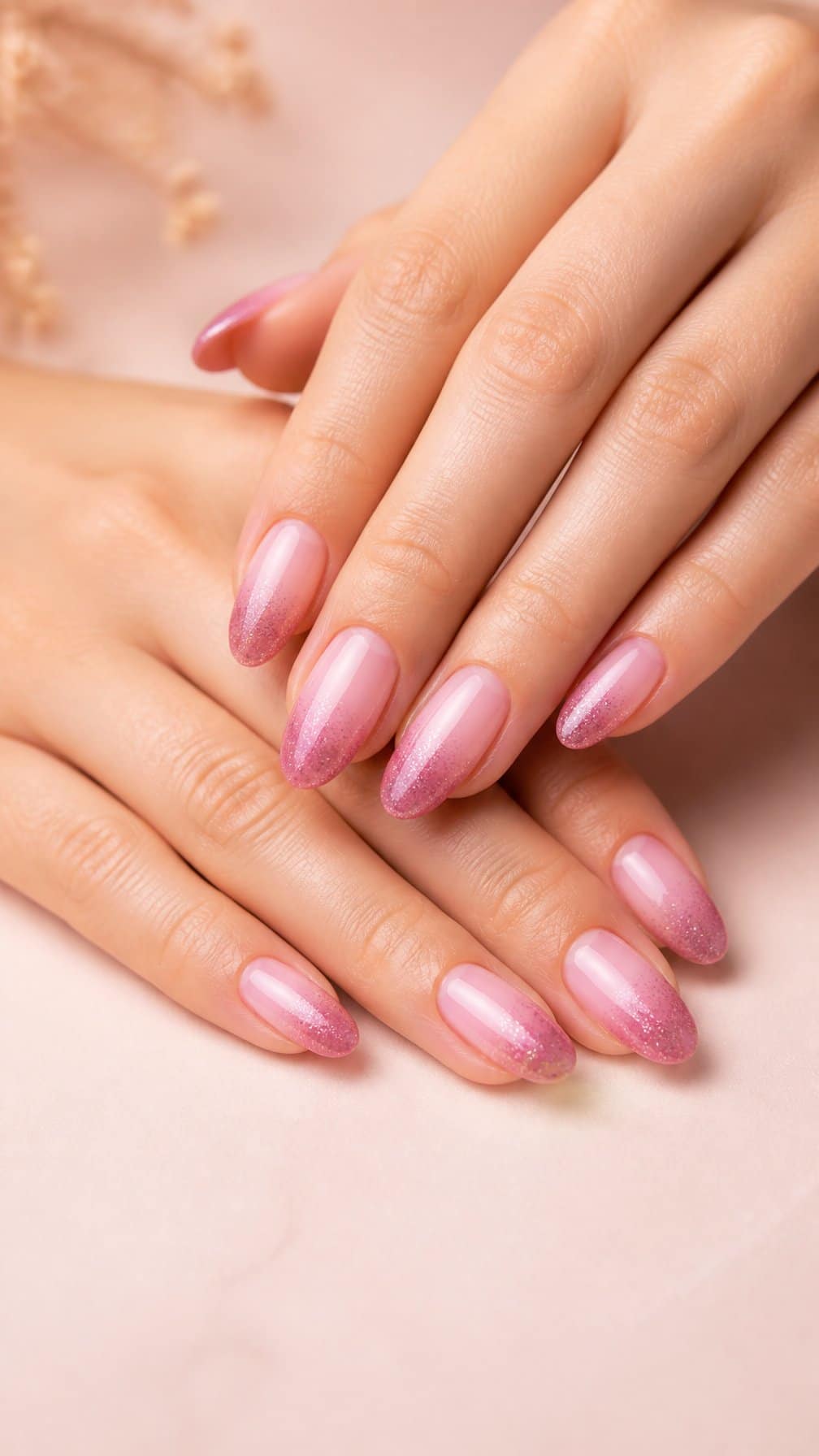 Close-up of hands with pink glitter ombre manicured nails resting on a pale surface.