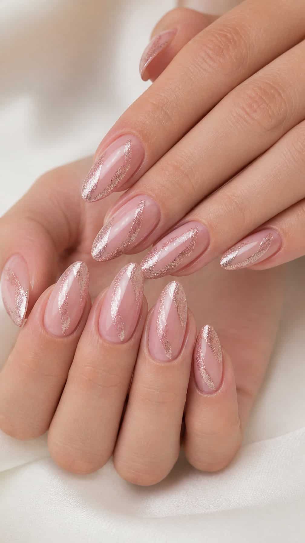 Close-up of a hand with pink glitter swirl nail art.