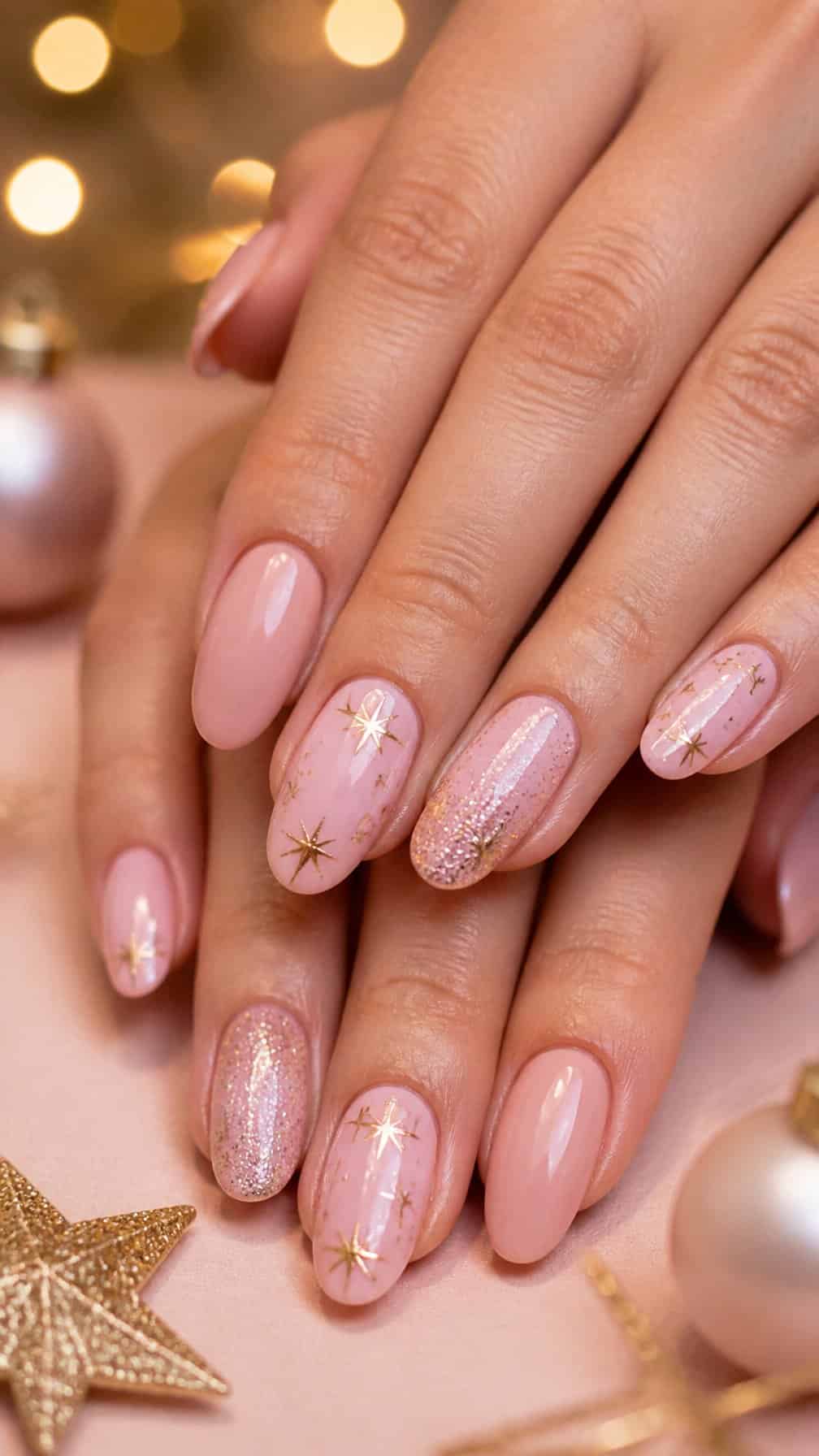 Close-up of hands with a soft pink manicure decorated with gold star accents.