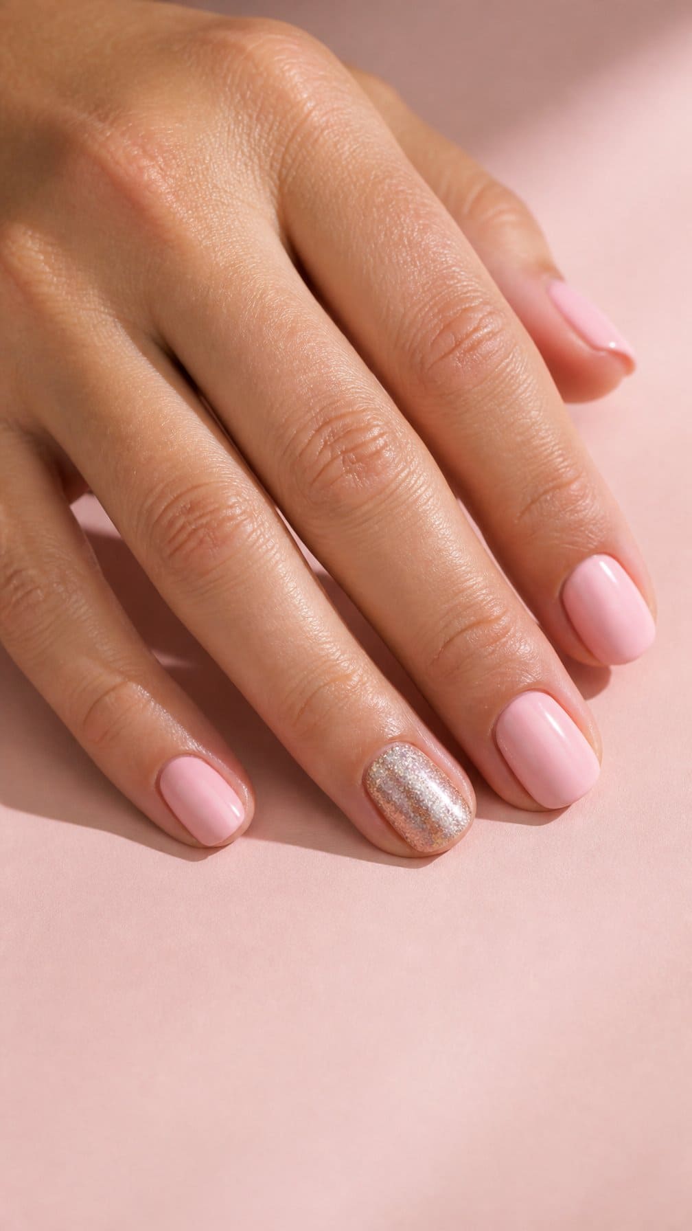 A hand with glossy pink nails and one glitter accent nail resting on a blush-pink surface.