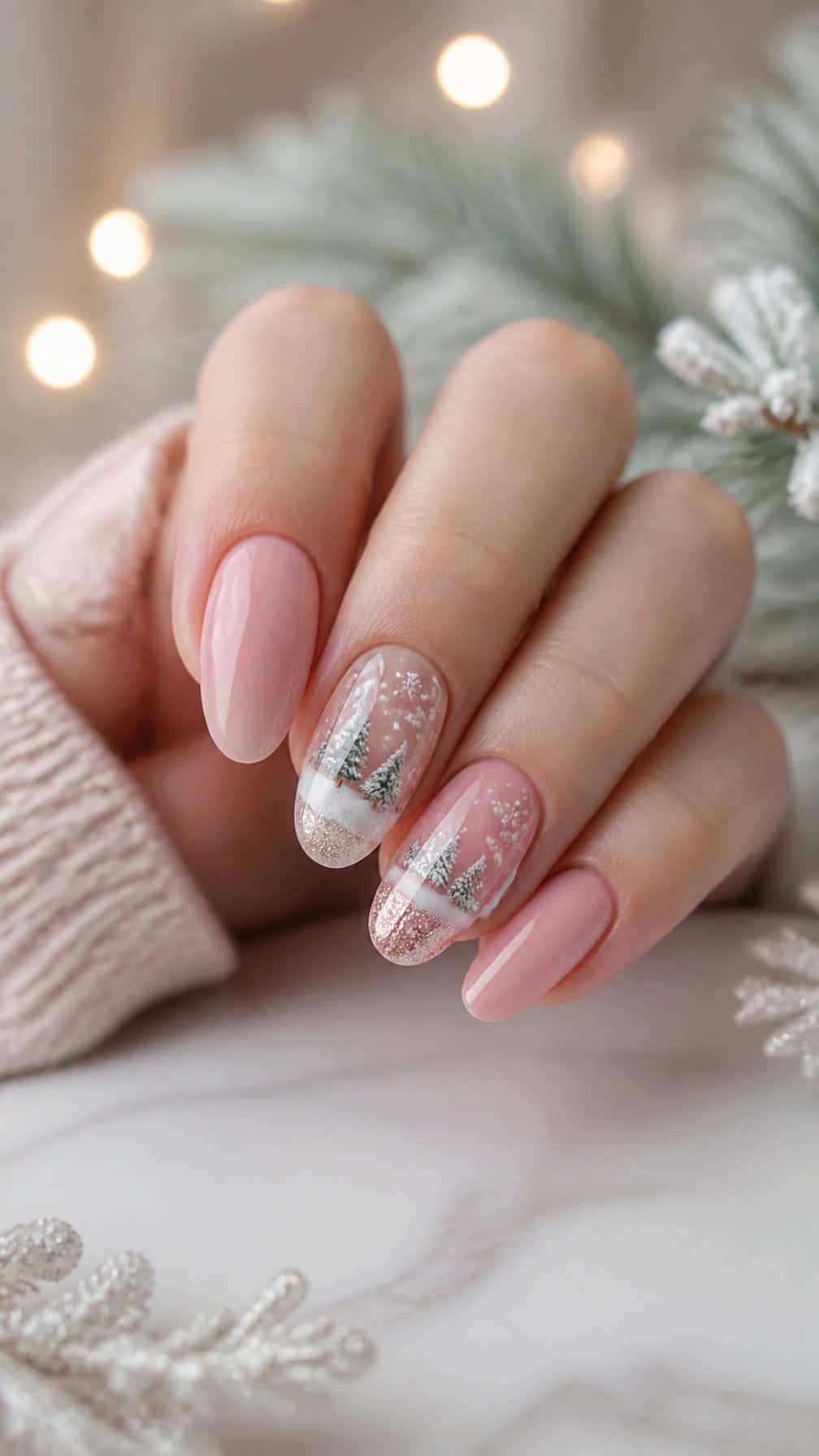A hand with soft pink Christmas nails and snow globe designs on accent nails.