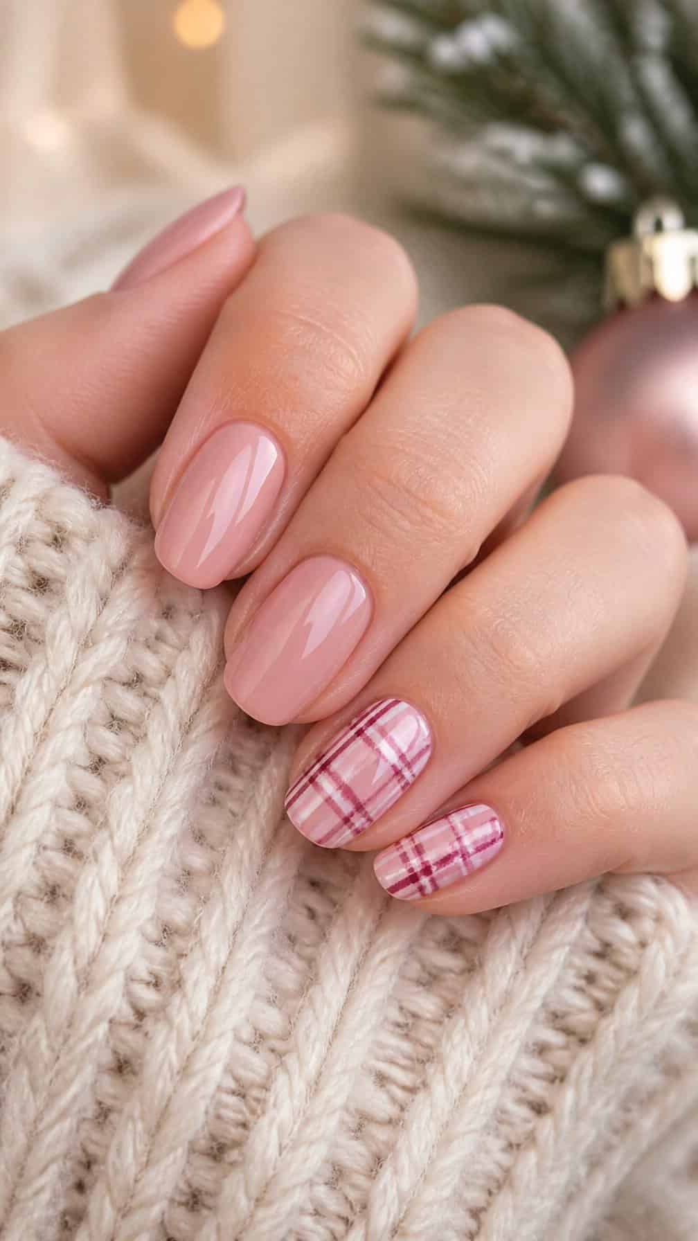 A hand with glossy pink nails and pink tartan accent nails resting on cream fabric.