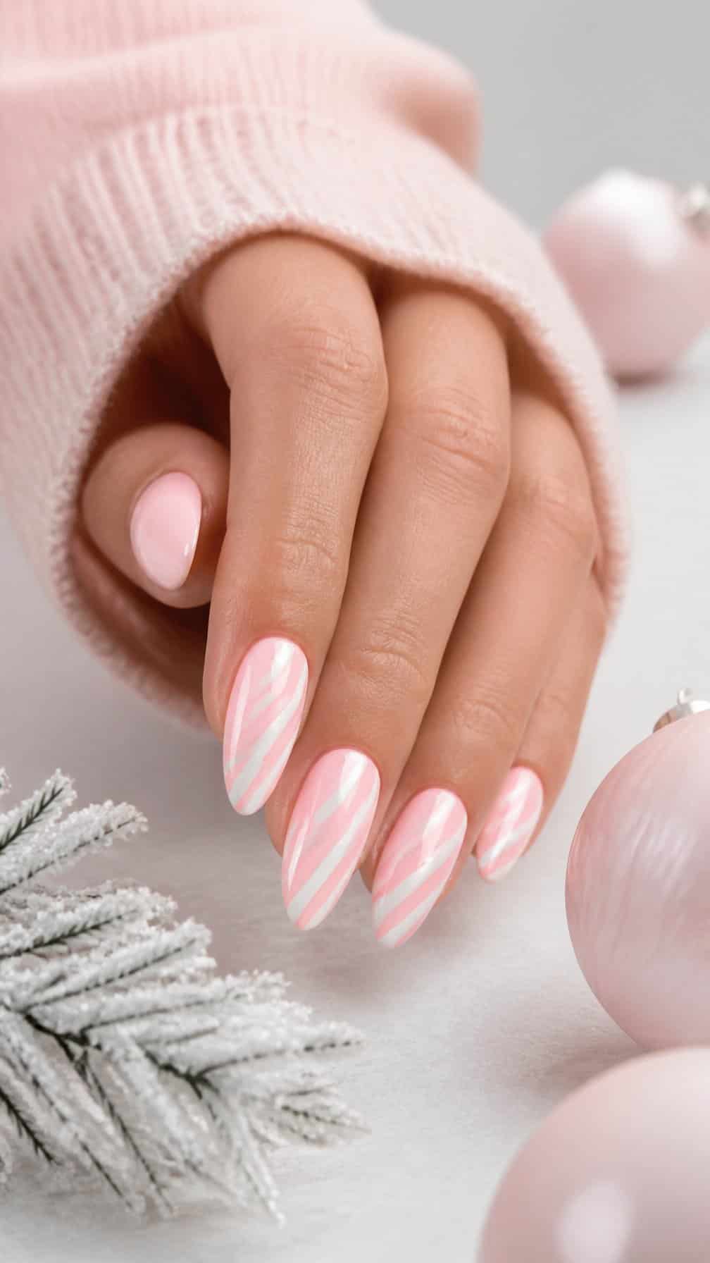 A hand with blush pink and white candy-striped Christmas nail designs.